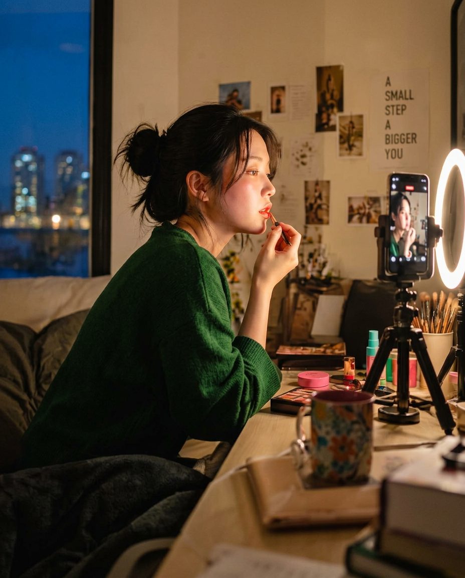 어두운 방에서 스마트폰으로 뷰티 콘텐츠를 촬영하는 크리에이터